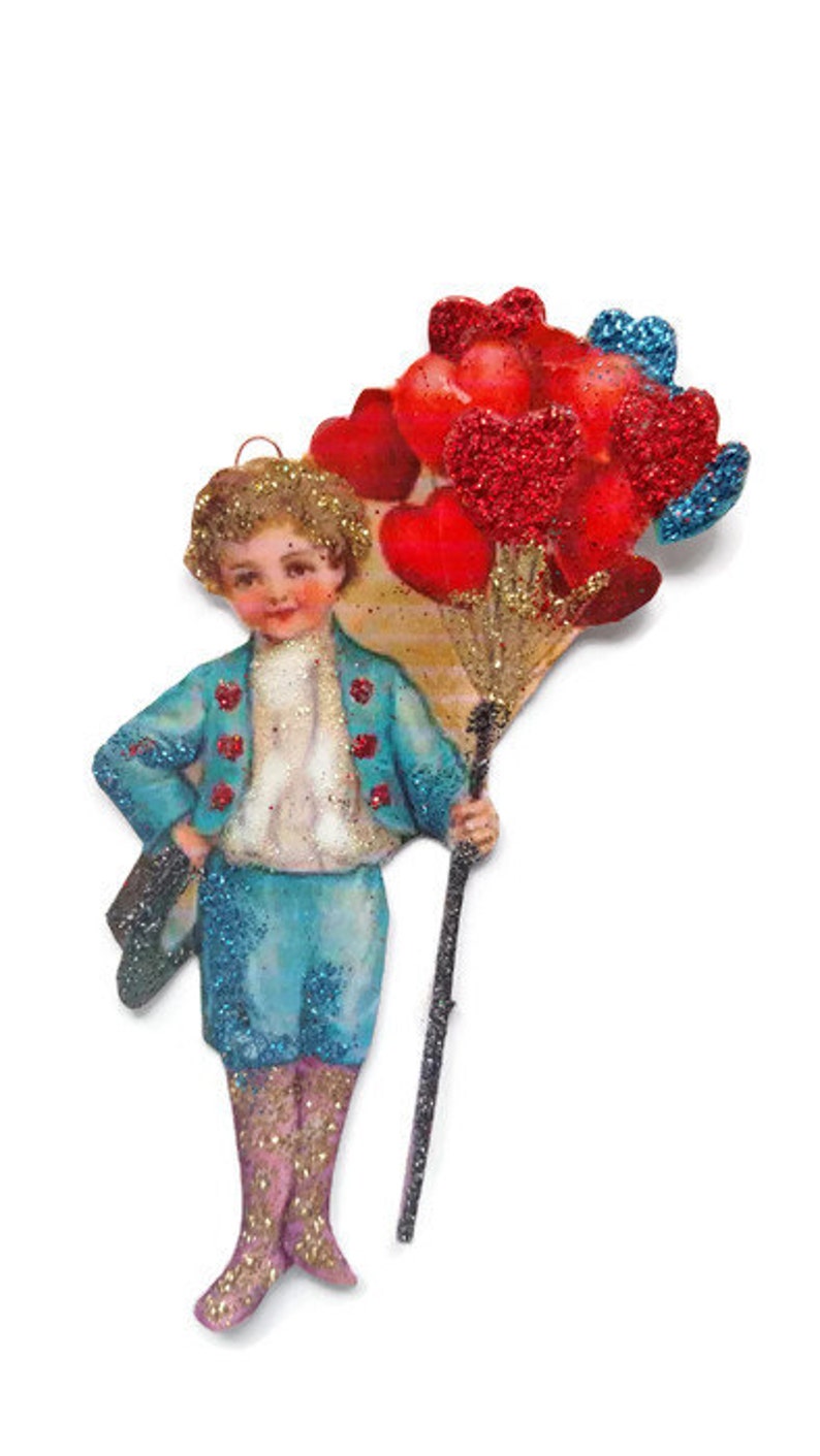 Valentine's Day Ornament Decoration, Vintage Card Imagery Red Glitter Sparkle, Victorian Heart Love Blue Boy Recycled Handmade OOAK Ephemera image 4