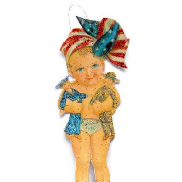 4th of July Ornament Decoration, Vintage Imagery Blue Glitter Sparkles, Patriotic American Flag Army Military Baby Recycled OOAK Ephemera