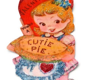Valentine's Day Card Ornament Decoration, Vintage Imagery Red Glitter Sparkle, Retro Bakery Pie Girl Recycled Handmade OOAK Ephemera Gift