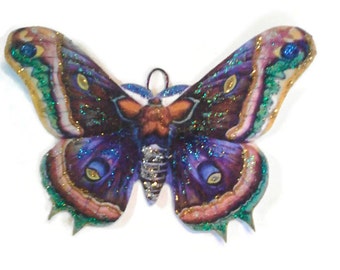 Butterfly Ornaments Decorations, Vintage Imagery Blue Purple Glitter Sparkle, Garden Woodland Butterfly Moth Recycled OOAK Ephemera Handmade