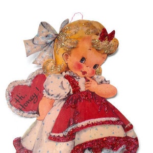 Valentine's Day Ornament Decoration, Vintage Card Imagery Red Glitter Sparkles, Retro Love Heart Girl Recycled Handmade OOAK Ephemera Gift