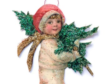 Christmas Tree Ornament Decoration, Vintage Imagery Gold Glitter Sparkles, Winter Snow Tree Boy Holiday Gift Handmade Recycled OOAK Ephemera