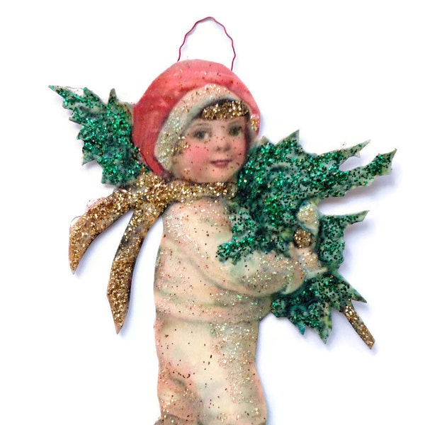 Christmas Tree Ornament Decoration, Vintage Imagery Gold Glitter Sparkles, Winter Snow Tree Boy Holiday Gift Handmade Recycled OOAK Ephemera