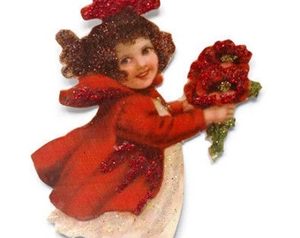 Valentine's Day Ornament Decoration, Vintage Card Imagery Red Glitter Sparkle, Victorian Flower Love Girl Recycled Handmade Ephemera Gift