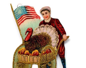 Thanksgiving Ornament Decoration, Vintage Imagery Gold Glitter Sparkles, Patriotic American Turkey Boy Handmade Recycled OOAK Ephemera RTS