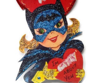 Valentine's Day Ornament Decoration, Vintage Card Imagery Red Glitter Sparkles, Retro Heart Batty Girl Recycled Handmade OOAK Ephemera Gift