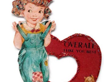 Valentine's Day Ornament Decoration, Vintage Card Imagery Red Glitter Sparkles, Retro Farm Girl Barn Recycled Ephemera Handmade Gift OOAK