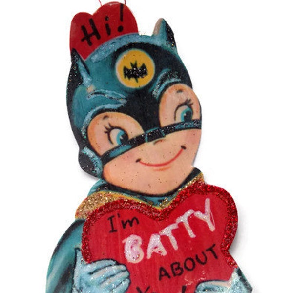 Valentine's Day Ornament Decoration, Vintage Card Imagery Red Glitter Sparkles, Retro Heart Bat Girl Recycled Handmade OOAK Ephemera Gift