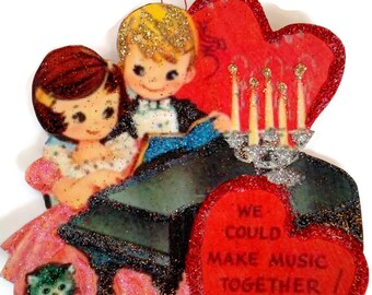 Valentine's Day Ornament Decoration, Vintage Card Imagery Red Glitter Sparkles, Music Piano Kids Heart Love Handmade Recycled OOAK Ephemera