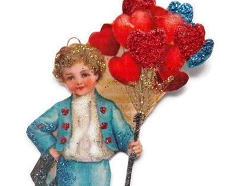 Valentine's Day Ornament Decoration, Vintage Card Imagery Red Glitter Sparkle, Victorian Heart Love Blue Boy Recycled Handmade OOAK Ephemera