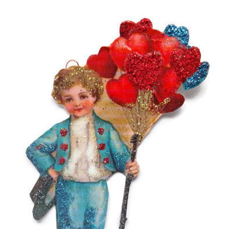 Valentine's Day Ornament Decoration, Vintage Card Imagery Red Glitter Sparkle, Victorian Heart Love Blue Boy Recycled Handmade OOAK Ephemera image 1
