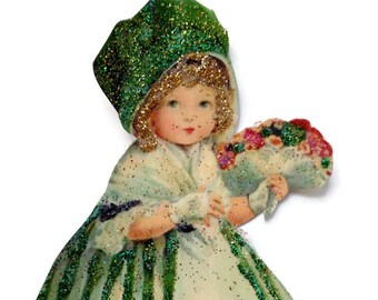 St Patrick's Day Ornament Decoration, Vintage Imagery Green Glitter Sparkle, Irish Lassie Dress Shamrock Flora Magnet Recycled OOAK Ephemera