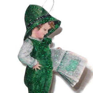 St Patrick's Day Ornament Decoration, Vintage Imagery Green Glitter Sparkles, Irish Boy Reading Shamrock Magnet Recycled OOAK Ephemera RTS