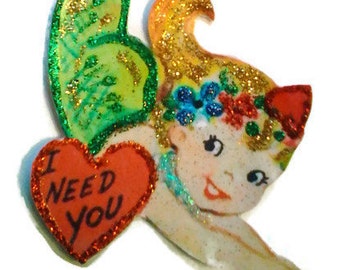 Valentine's Day Mermaid Ornament Decoration,Vintage Card Imagery Red Glitter Sparkles, Nautical Retro Recycled Handmade Card Ephemera OOAK