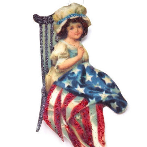 4th of July Ornament Decoration, Vintage Imagery Blue Glitter Sparkles, Patriotic American Flag Betsy Ross Girl Recycled OOAK Ephemera Gift