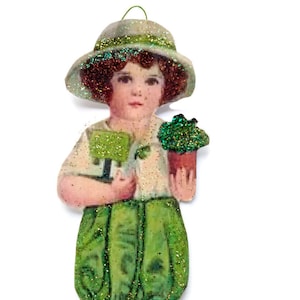 St Patrick's Day Ornament Decoration, Vintage Imagery Green Glitter Sparkles, Irish Lad Shamrock Celtic Clover Magnet Recycled OOAK Ephemera