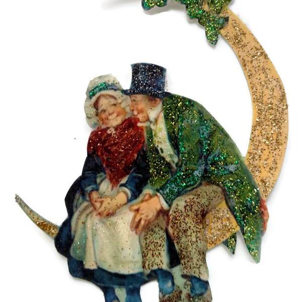 St Patrick's Day Ornament Decoration, Vintage Imagery Green Glitter Sparkle, Irish Couple Shamrock Celtic Moon Magnet Recycled OOAK Ephemera