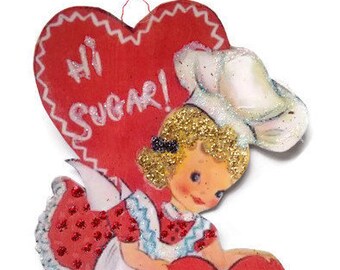 Valentine's Day Ornament Decoration, Vintage Card Imagery Red Glitter Sparkles, Retro Cooking Chef Girl Recycled Handmade OOAK Ephemera Gift