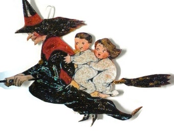 Halloween Ornament Decoration, Vintage Imagery Black Red Glitter Sparkles, Halloween Spooky Witch Broom Recycled OOAK Ephemera Handmade