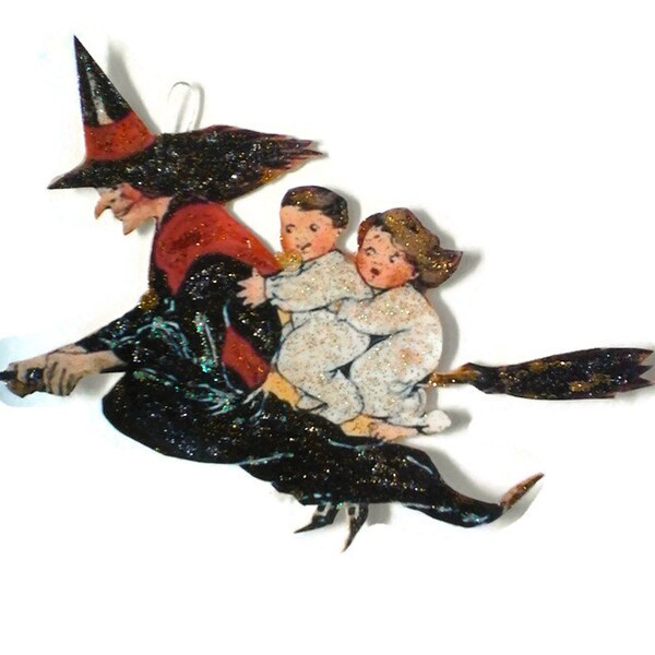 Halloween Ornament Decoration, Vintage Imagery Black Red Glitter Sparkles, Halloween Spooky Witch Broom Recycled OOAK Ephemera Handmade