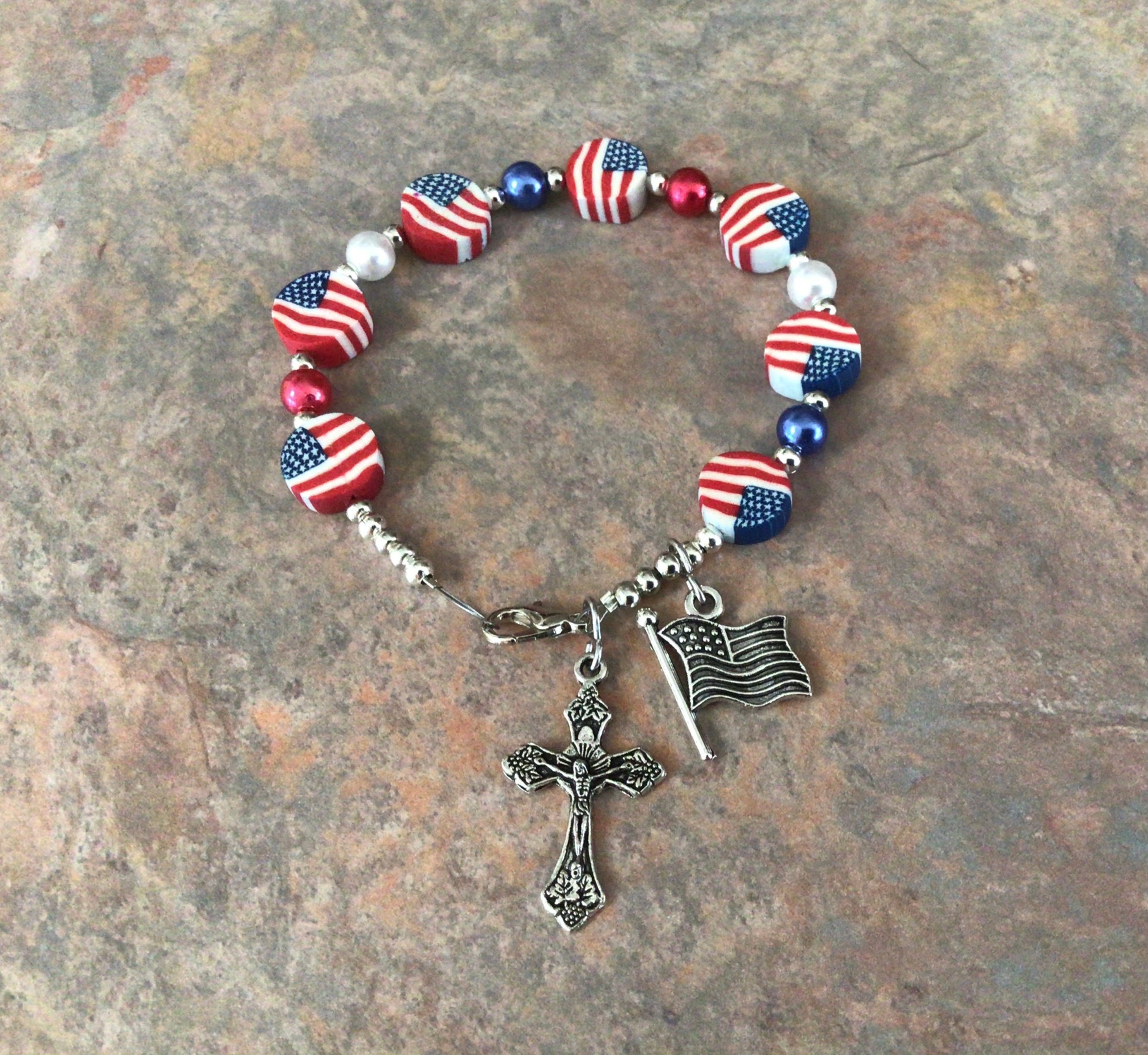 God Bless America Womens Patriotic & Religious Charm Bracelet Featuring 11  Individual Beads & Charms Plated In 18K Gold