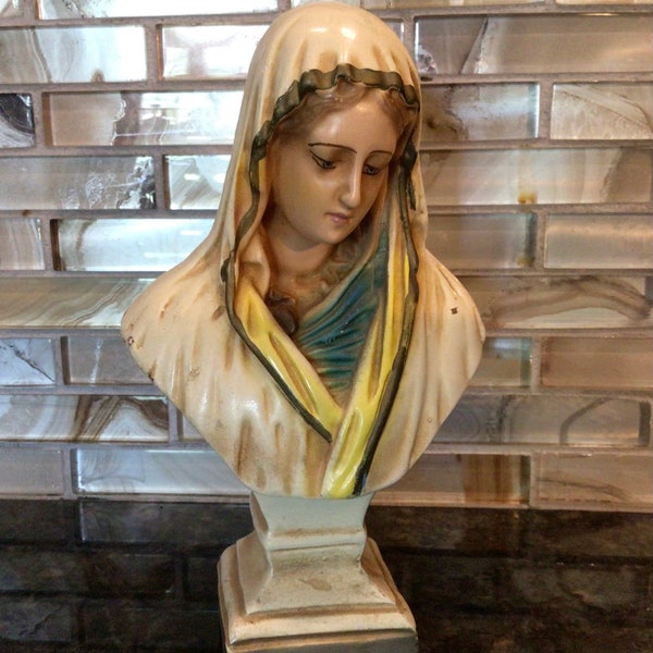 Antique Virgin Mary Handpainted Bust, Catholic Art Figurine
