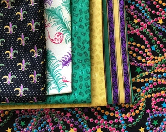 DESTASH! Mardi Gras fabric bundle, prints from Kaufman & Quilting Treasures, beads, masks, feathers, stripes, purple gold green, 4.87 yds!