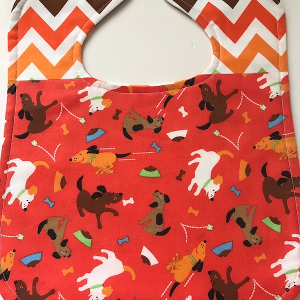 Bib for baby or toddler, gender neutral, Puppy Dogs on parade, Riley Blake chevron, One of a kind, Ready to ship!