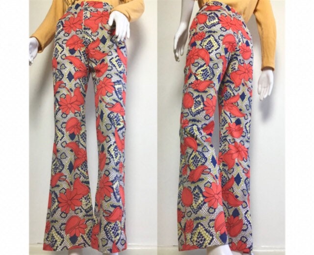 Image of Vintage S High Waist Glam Rock Red White Floral Flared Trousers    Uk