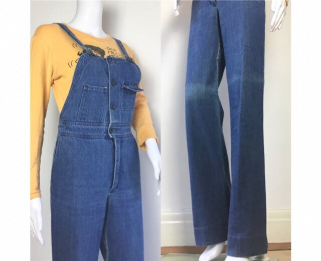Image of Vintage S Glam Rock Mod Blue Denim Flared Boiler Jumpsuit Dungarees   Uk