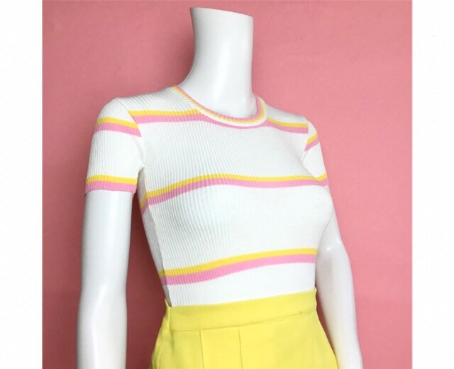 Image of Vintage S Cute Striped Rib Knit Cropped Jumper   Uk