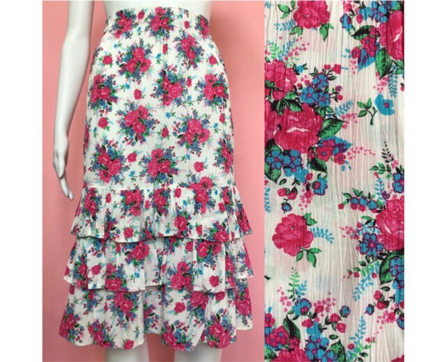 Image of Vintage S White Pink Rose Print Floral Ruffle Hem Knee Length Skirt