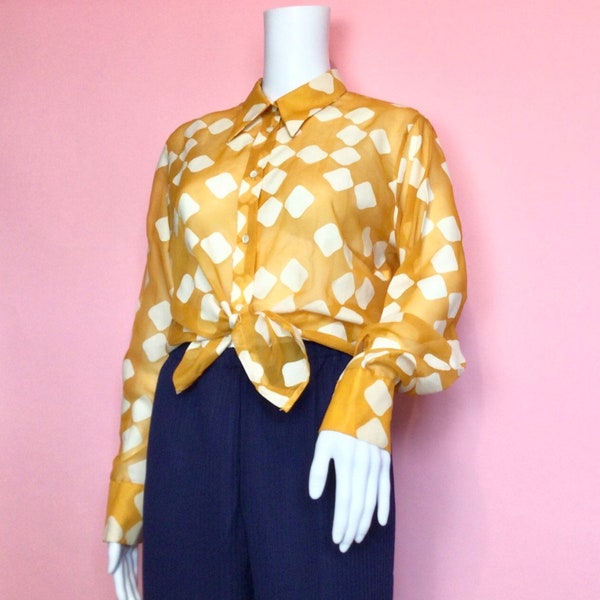 Vintage 1970s Mustard Mod White Geometric Print Dagger Collar Shirt Blouse 8 10 12