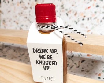 Drink Up, We're Knocked Up! Baby Announcement, Mini Alcohol Tags, Pregnancy Announcement, Gender Reveal, Baby Shower Favors, Party Favors