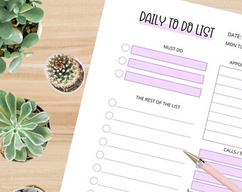 Printable TO DO list - comprehensive daily planner checklist for work or home to keep you organized - PURPLE download/print at home