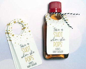 Take a Shot When She Pops, Baby Shower Favor Bottle Tags, Gender Reveal Party Favors, Nip Shot Bottle Tags, Custom Baby Shower Bottle Tags