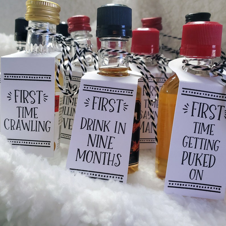 Baby's Firsts Fun & Unique Baby Shower Gift or New Mom or Dad Gift Baby Milestones Add Tags to 50ml Shot Bottles bottles not included image 2