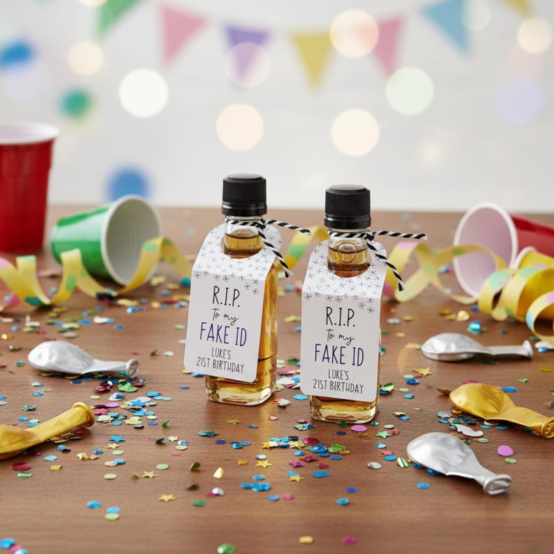 RIP to my Fake ID - 21 Birthday Party Favors Nips Mini-Alcohol Shot Bottle Tags for 21st Birthday Parties immagine 1