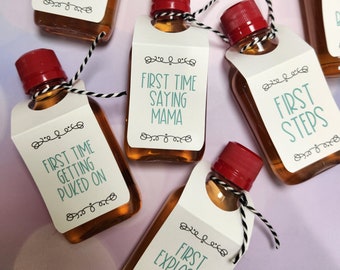 Fun & Unique Baby Shower Gift, Baby's Firsts, New Mom Gift, Baby Milestones, Add Tags to Shot Bottles (Alcohol/Empty bottles not included)