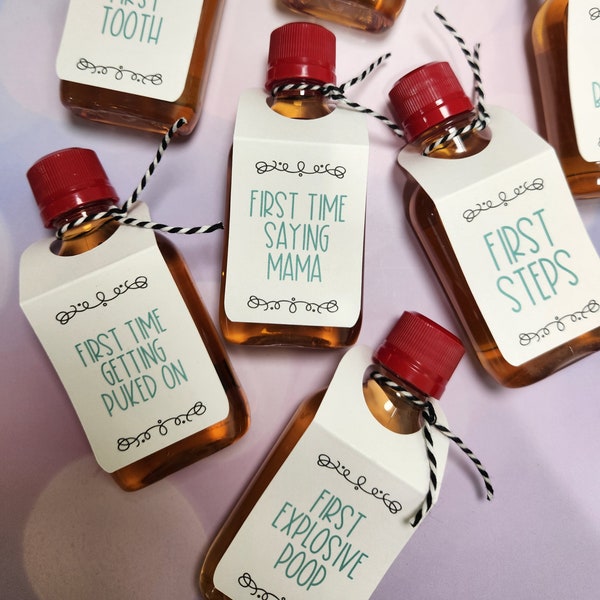 Fun & Unique Baby Shower Gift, Baby's Firsts, New Mom Gift, Baby Milestones, Add Tags to Shot Bottles (Alcohol/Empty bottles not included)