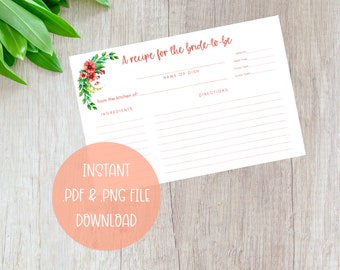 Recipe for the Bride to be - watercolor flower border on 4 x 6 recipe cards for bridal shower, bridal gift - download and print at home