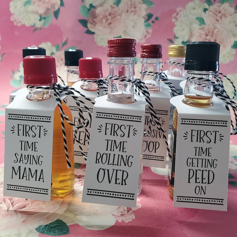 Baby's Firsts, New Mom Gift, Fun & Unique Baby Shower Gift, Baby Milestones, Add Tags to Shot Bottles (Alcohol/Empty bottles not included) 