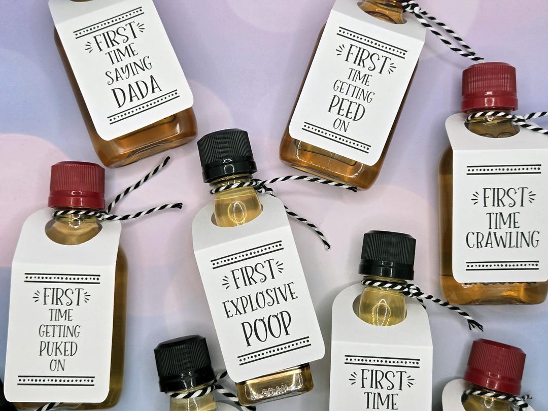 Baby's Firsts - Fun & Unique Baby Shower Gift or New Mom or Dad Gift - Baby Milestones Add Tags to 50ml Shot Bottles (bottles not included) - Black, Blue/White