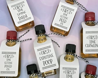 Baby's Firsts - Fun & Unique Baby Shower Gift or New Mom or Dad Gift - Baby Milestones Add Tags to 50ml Shot Bottles (bottles not included)
