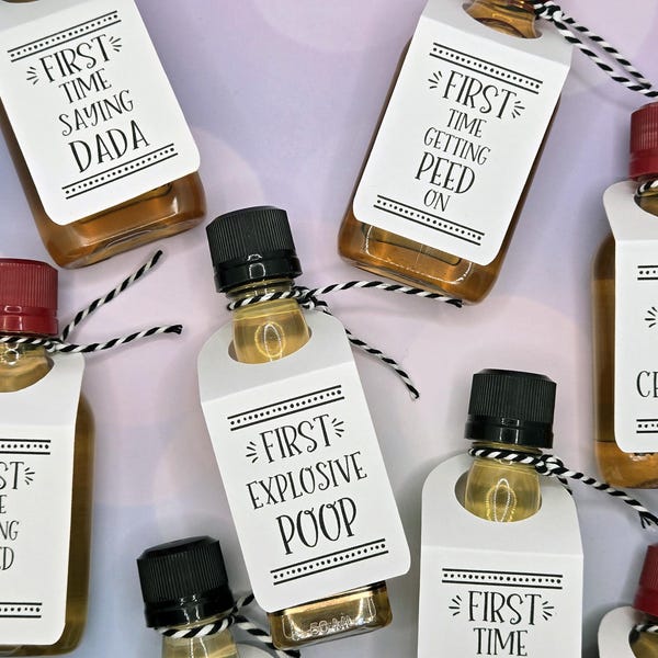 Baby's Firsts - Fun & Unique Baby Shower Gift or New Mom or Dad Gift - Baby Milestones Add Tags to 50ml Shot Bottles (bottles not included)
