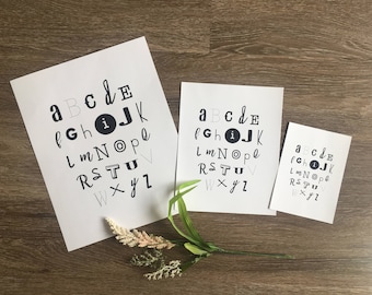 DIGITAL DOWNLOAD modern ABC print, black and white alphabet, nursery decor, modern alphabet sign, mismatched ABCs, kids room, kid decor
