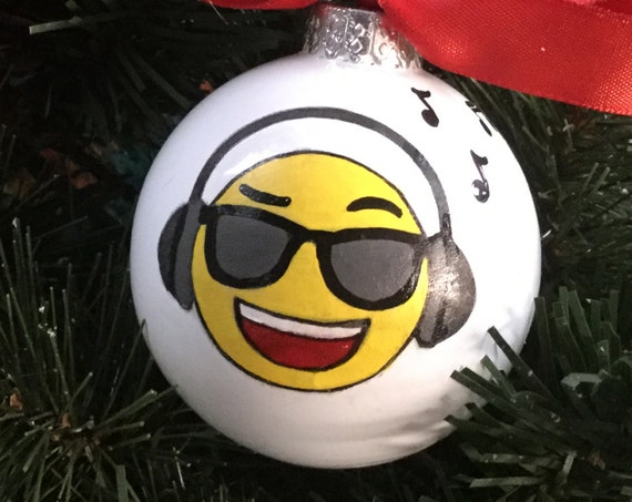 Hand Painted Music Glass Ornament -  Music Emoji with Headphones and Sunglasses
