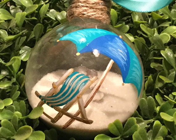 Personalized Hand Painted Beach Chair Ornament - Sand and Seashell Ornament - Summer Ornament