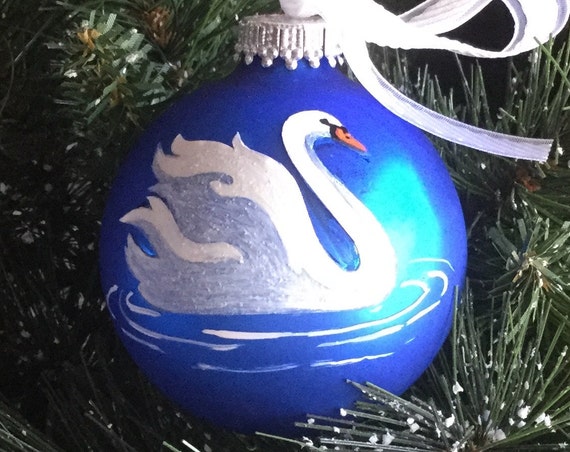 Personalized Swan Ornament - Hand Painted Glass Bauble - Christmas Ornament
