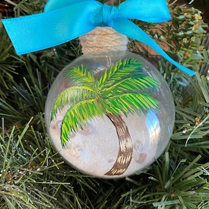 Personalized Hand Painted Palm Tree Ornament - Sand and Seashell Ornament - Summer Ornament